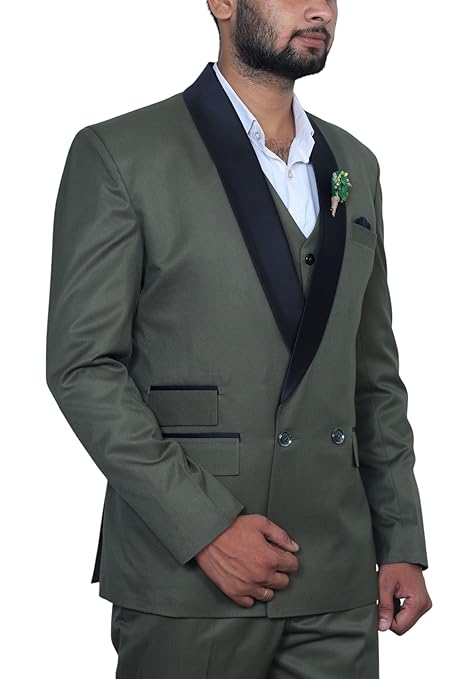 Olive Green 3-Piece Suit with Satin Lapel