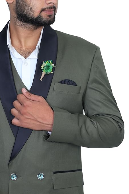 Olive Green 3-Piece Suit with Satin Lapel