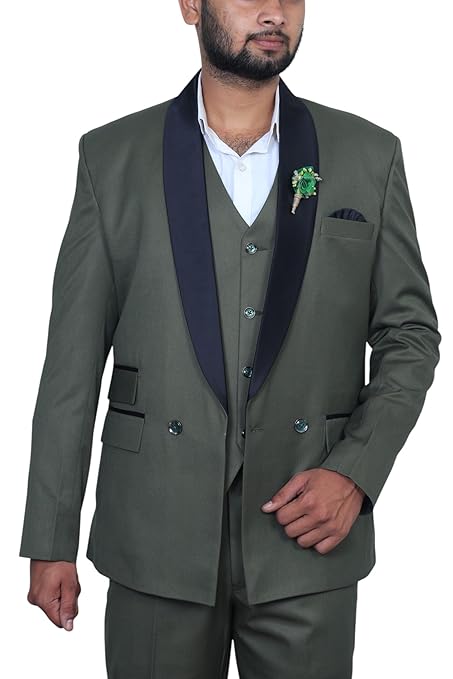 Olive Green 3-Piece Suit with Satin Lapel